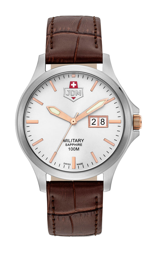 JDM Military Alpha Big Date Silver Dial Brown Leather Strap