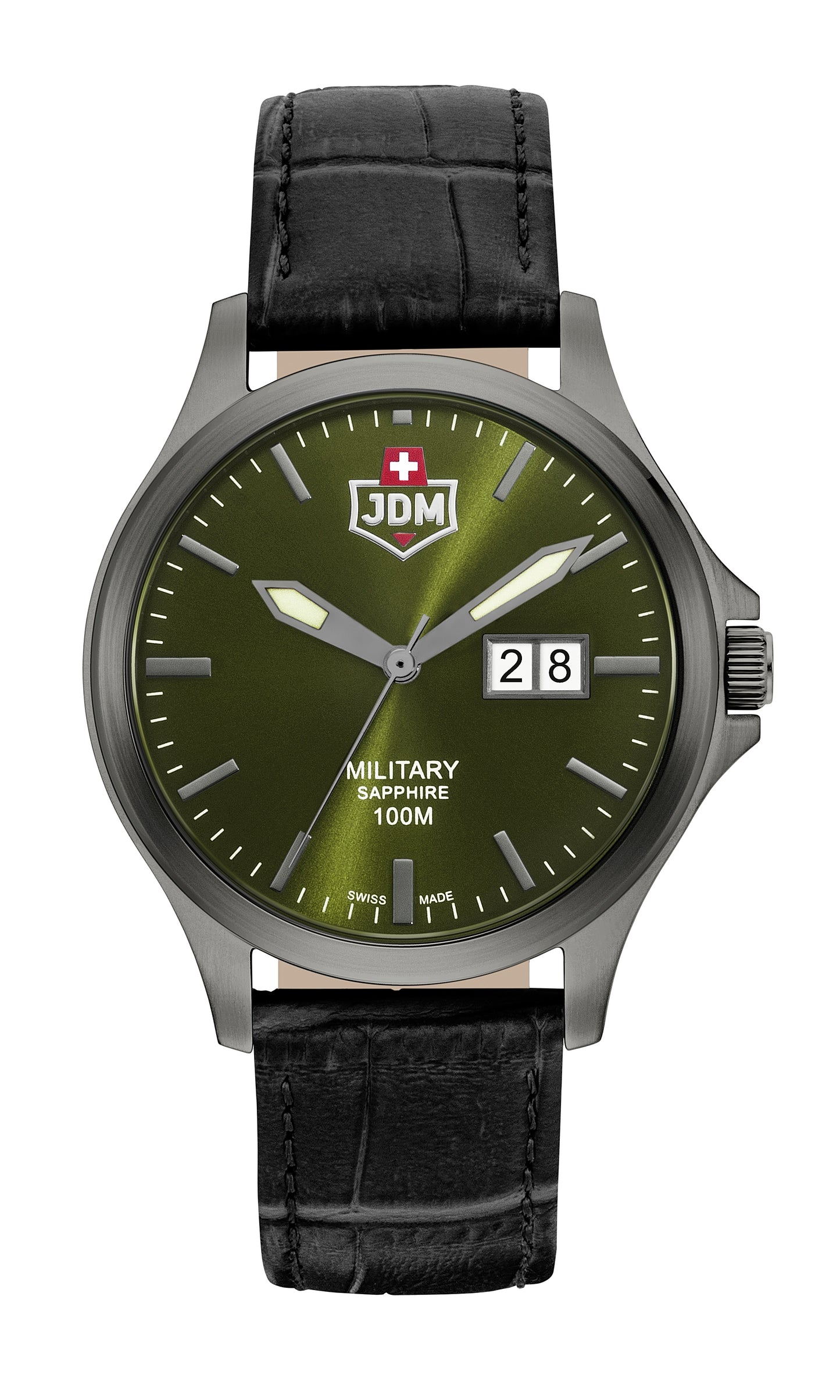 JDM Military Alpha Big Date Green Dial Black Leather Strap Grey IP Case