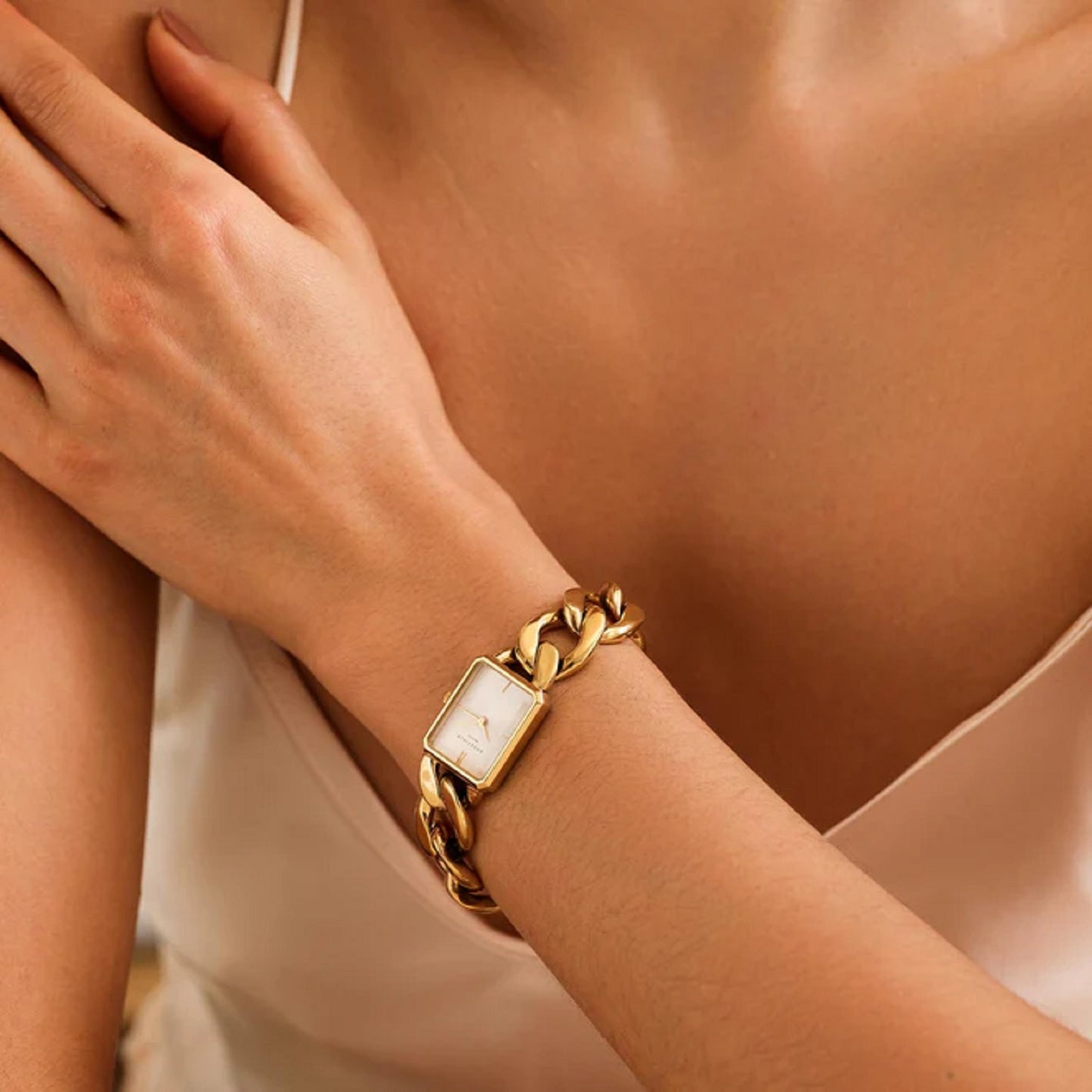 Rosefield Octagon XS Studio Gold Curb Linked Bracelet Watch
