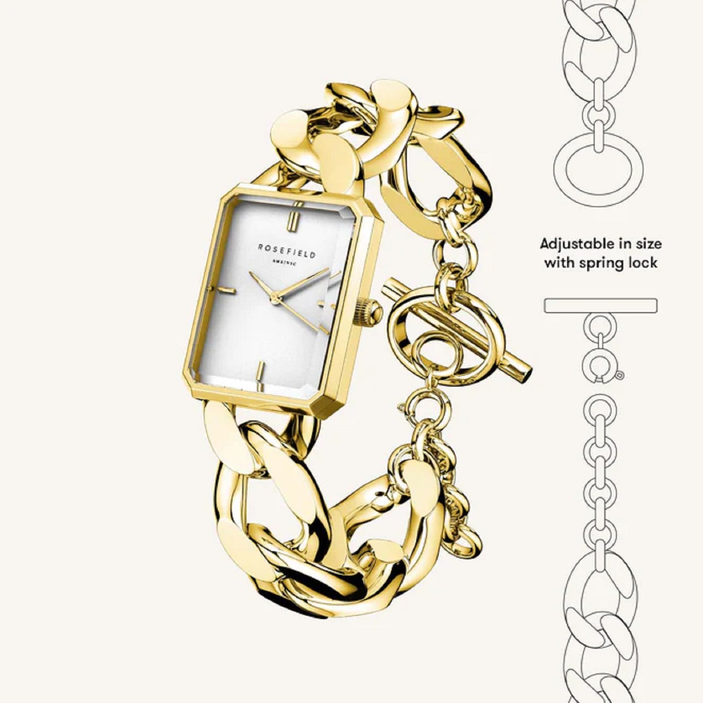 Rosefield Octagon XS Studio Gold Curb Linked Bracelet Watch