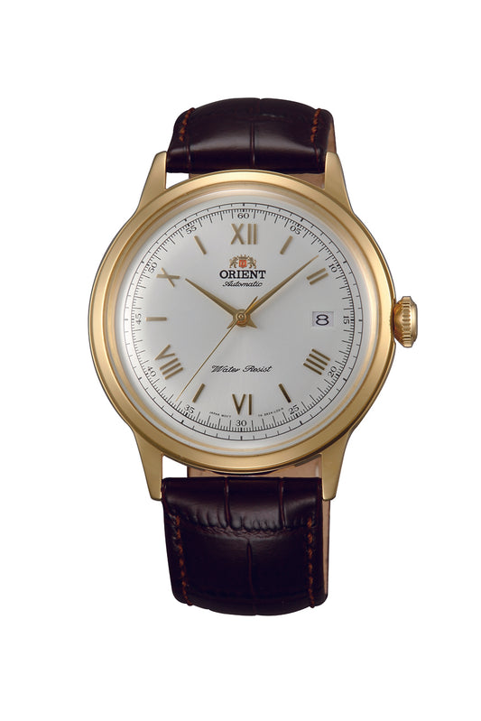 Orient Bambino 40.5mm Brown Leather Strap White Dial Gold Accents