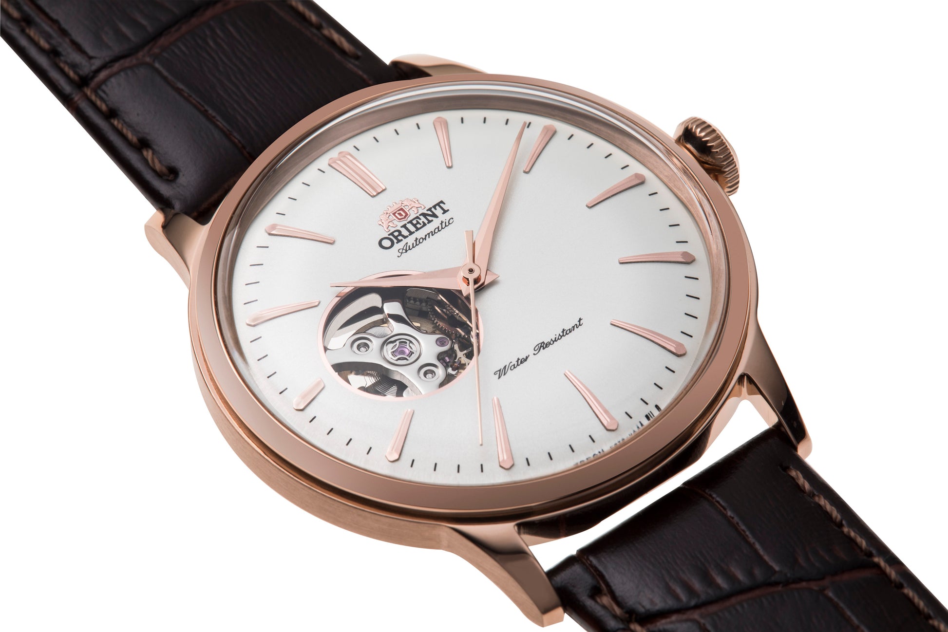 Orient Bambino Open Heart Brown Leather Strap White Dial Rose Gold