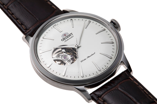 Orient Bambino Open Heart Brown Leather Strap White Dial