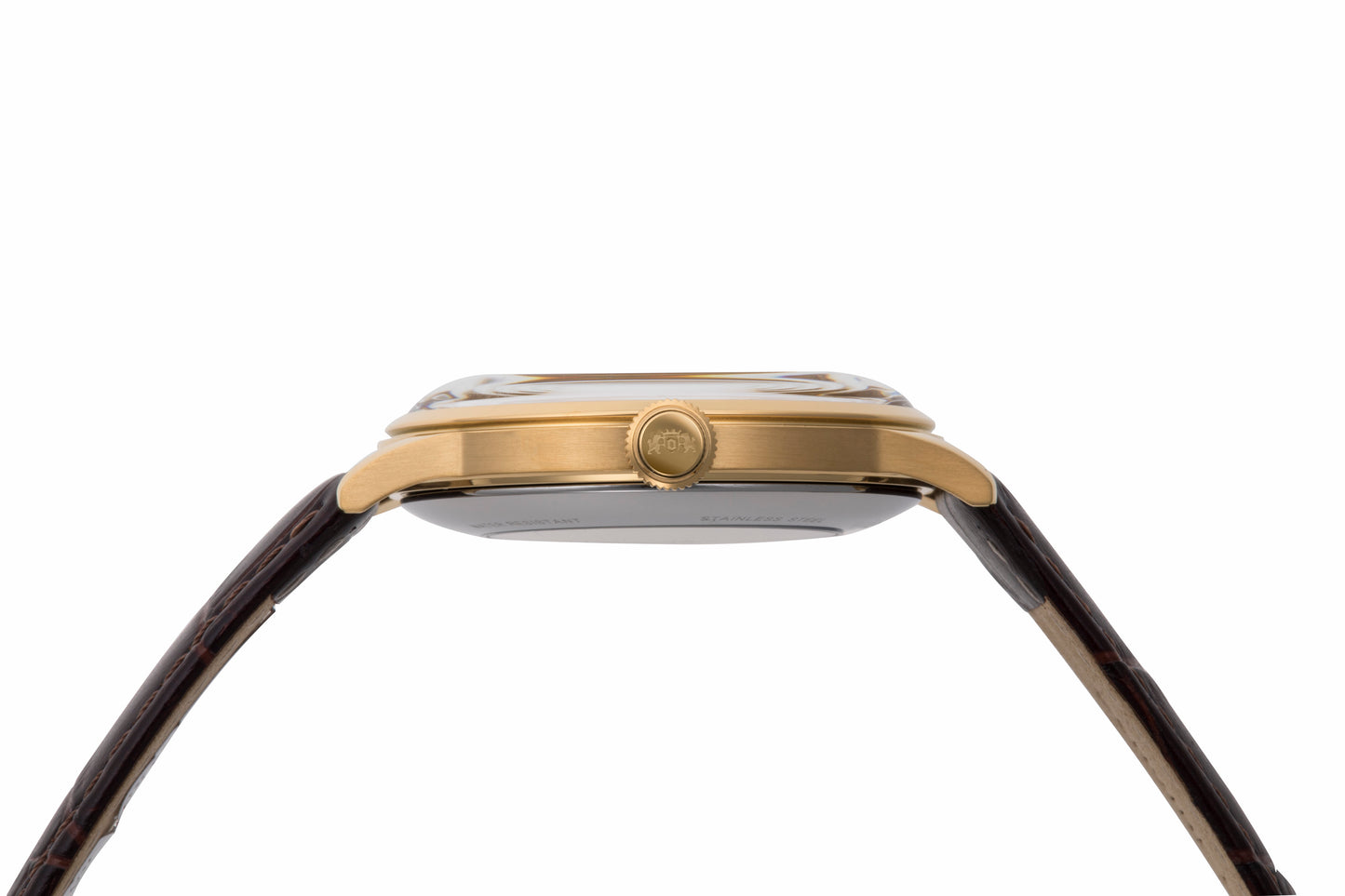 Orient Bambino Open Heart Brown Leather Strap White Dial Gold Accents