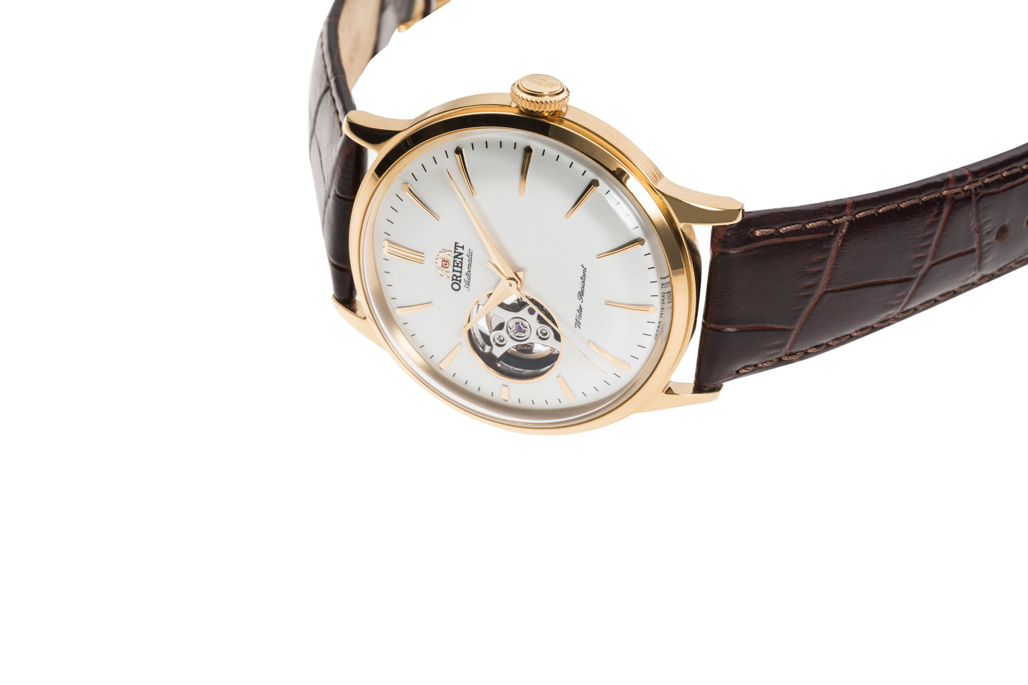 Orient Bambino Open Heart Brown Leather Strap White Dial Gold Accents