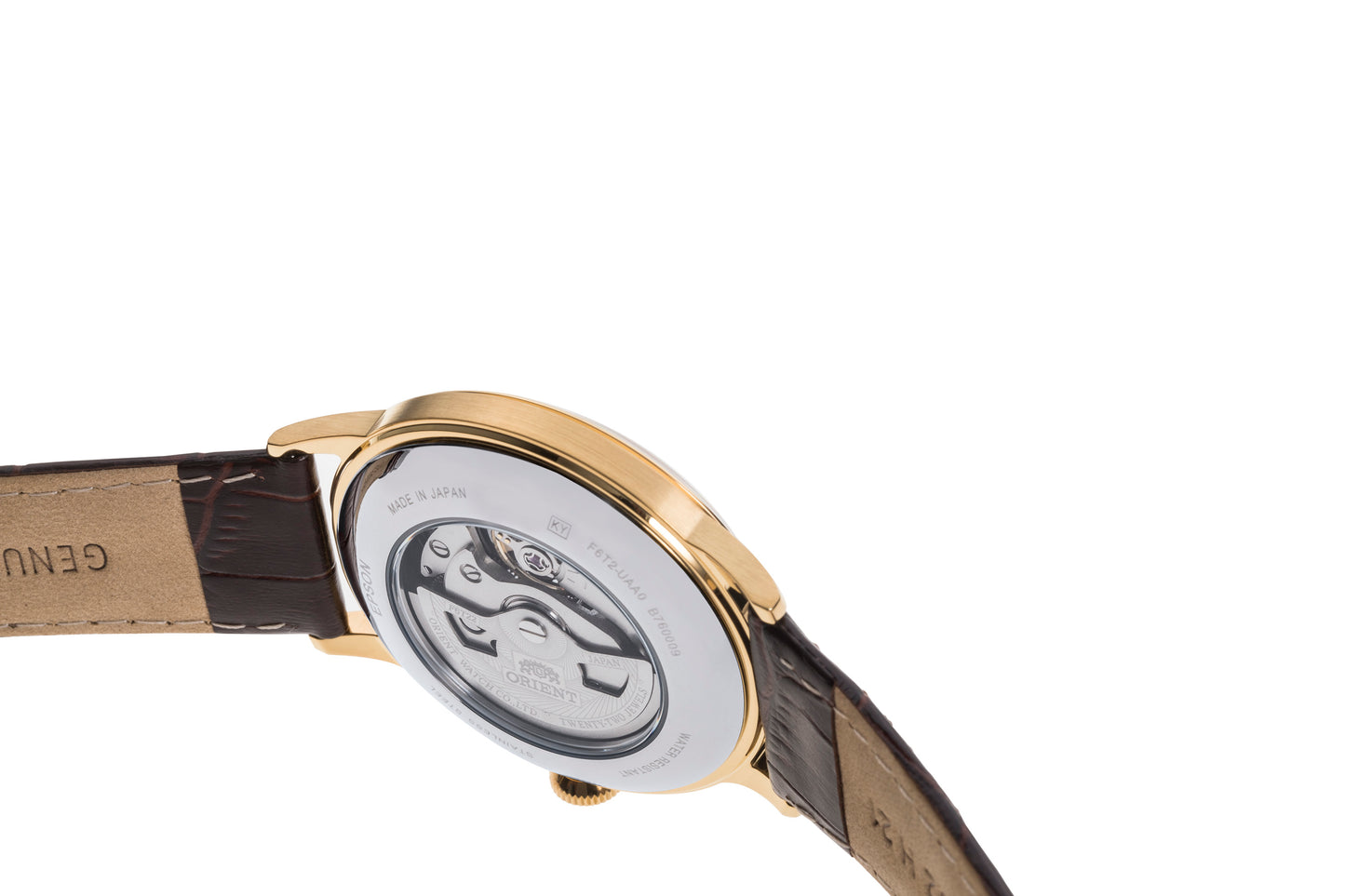 Orient Bambino Open Heart Brown Leather Strap White Dial Gold Accents