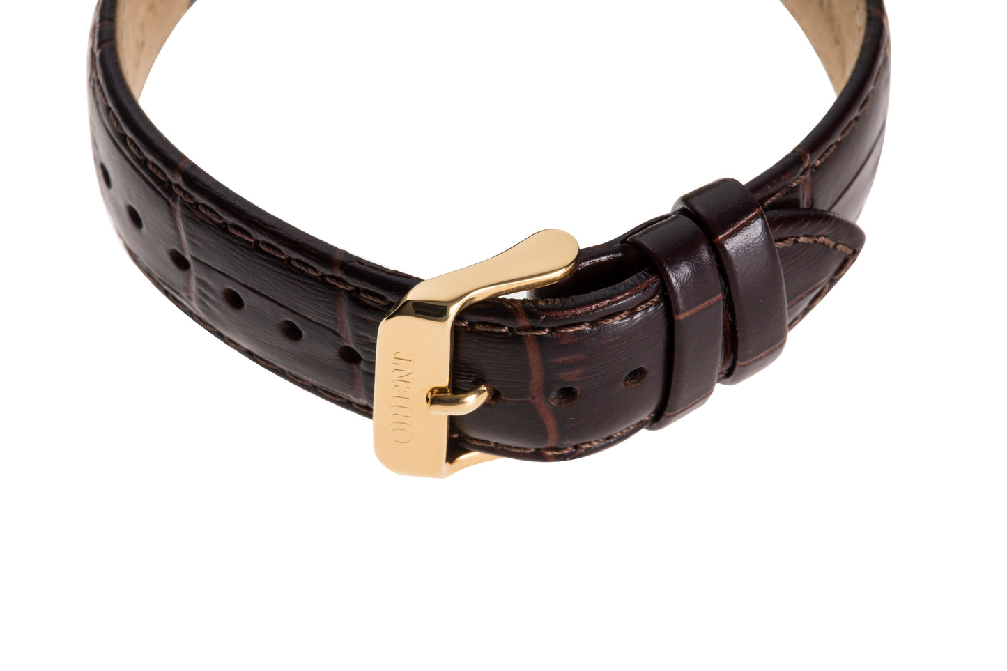 Orient Bambino Open Heart Brown Leather Strap White Dial Gold Accents