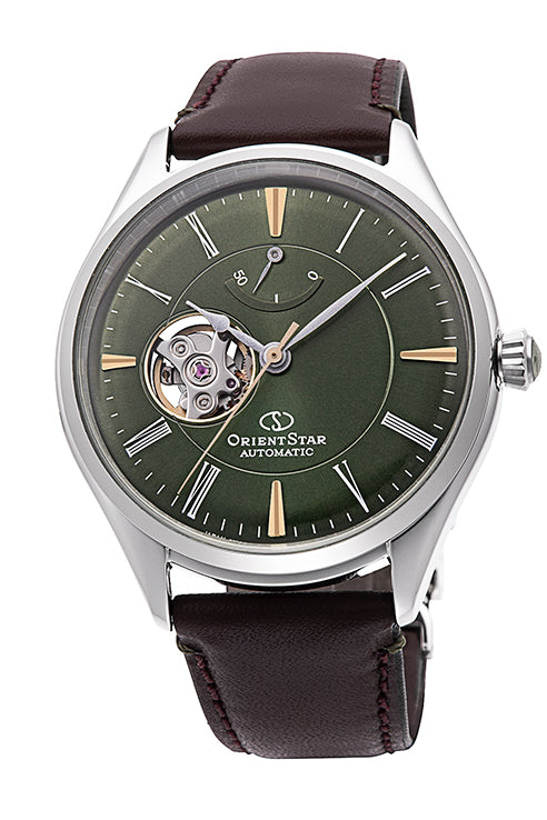 Orient Star Classic Semi Skeleton Brown Leather Strap Green Dial