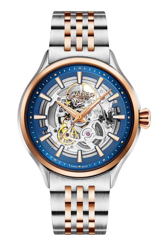 Roamer Competence Skeleton III, Swiss Made, Yellow Gold Bicolour Bracelet, Blue Dial