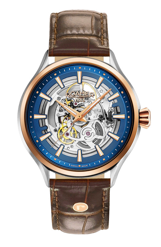 Roamer Competence Skeleton III, Swiss Made, Brown Leather Strap Blue Dial