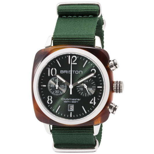Briston Clubmaster Classic Chronograph, Green Dial and Nato Strap with Steel Accents