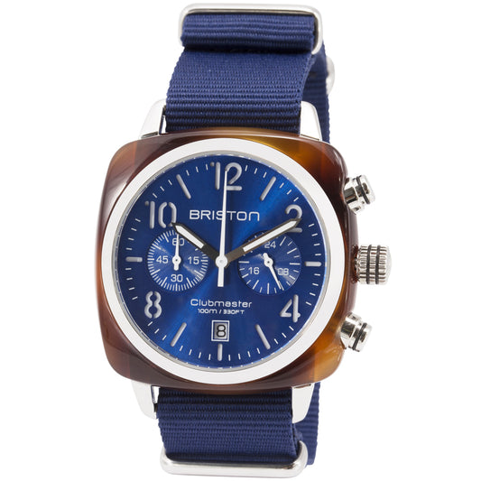Briston Clubmaster Classic Chronograph, Navy Blue Dial and Nato Strap with Steel Accents