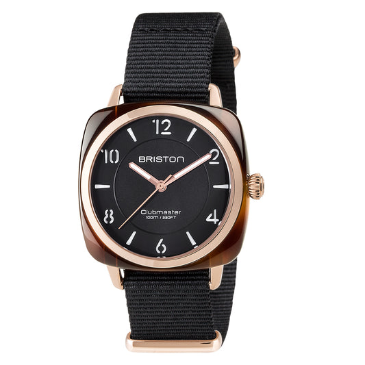 Briston Clubmaster Chic Ladies 3 Hand Black Dial and Nato Strap with Rosegold Accents
