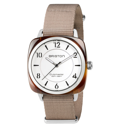 Briston Clubmaster Chic Ladies 3 Hand White Dial Taupe Nato Strap with Steel Accents