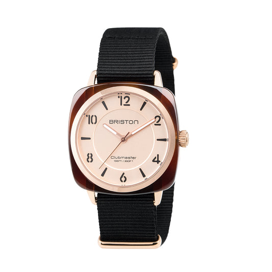Briston Clubmaster Chic Ladies 3 Hand Rose Dial Black Nato Strap with Rosegold Accents
