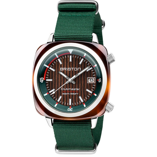 Briston Clubmaster Diver Striped Wood Dial Green Nato Strap