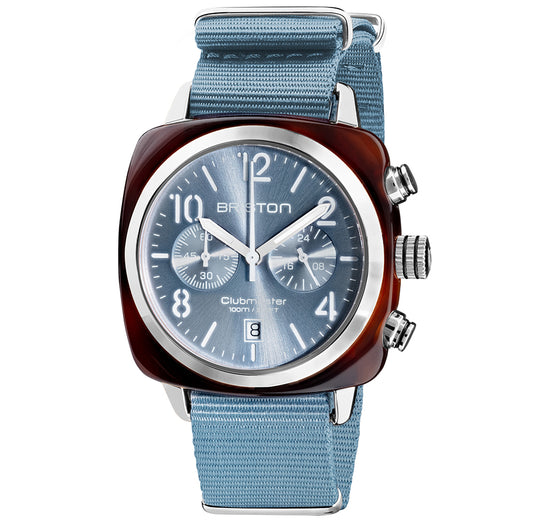 Briston Clubmaster Classic Chronograph, Ice Blue Dial and Nato Strap with Steel Accents