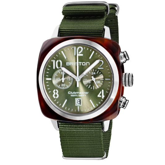 Briston Clubmaster Classic Chronograph, Olive Dial and Nato Strap with Steel Accents
