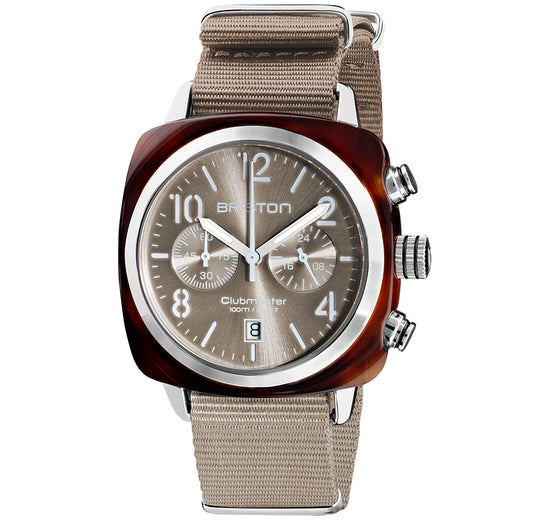 Briston Clubmaster Classic Chronograph, Taupe Dial and Nato Strap with Steel Accents