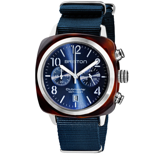 Briston Clubmaster Classic Chronograph, Midnight blue Dial and Nato Strap with Steel Accents