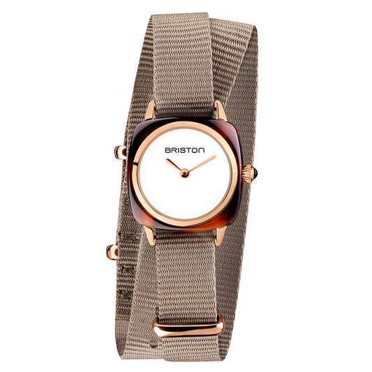 Briston Clubmaster Lady Double Wrap Taupe Nato Strap White Dial with Rosegold Accents