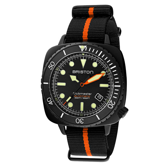 Briston Diver Pro Black Dial Black Nato Strap with Orange Accents