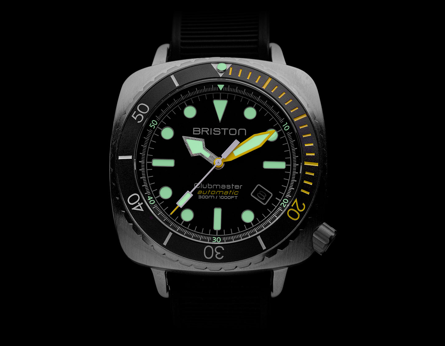 Briston Clubmaster Diver Pro Black Dial with Yellow Markers Black Rubber Strap Stainless Steel Case