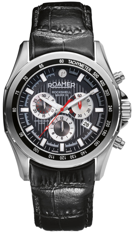 Roamer Rockshell Mark III Chrono Black Dial Black Leather Strap