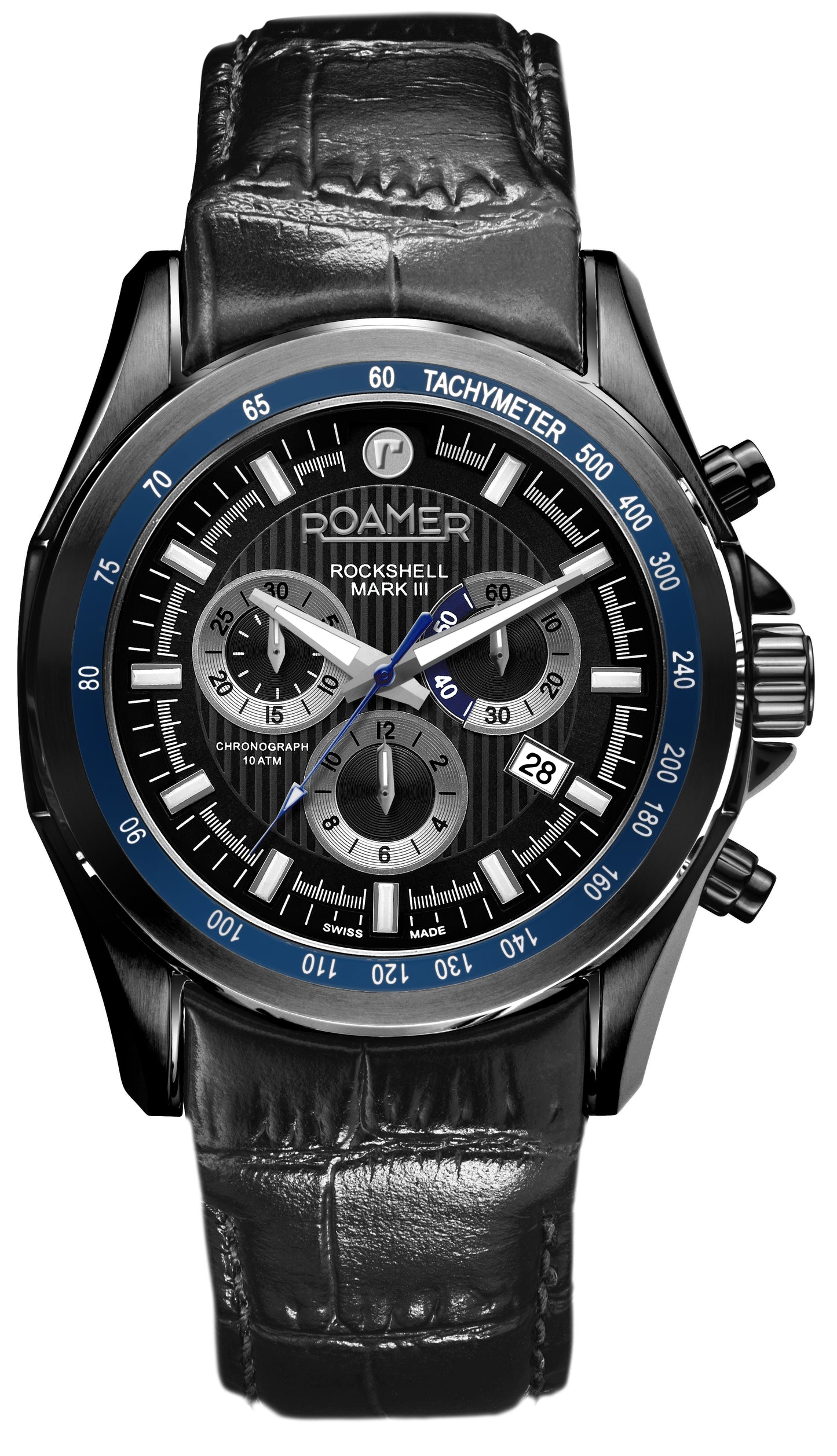 Roamer Rockshell Mark III Chrono Black Dial Blue Bezel Black Leather Strap