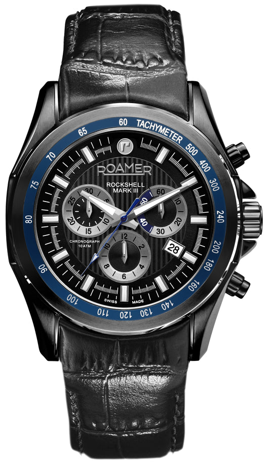 Roamer Rockshell Mark III Chrono Black Dial Blue Bezel Black Leather Strap