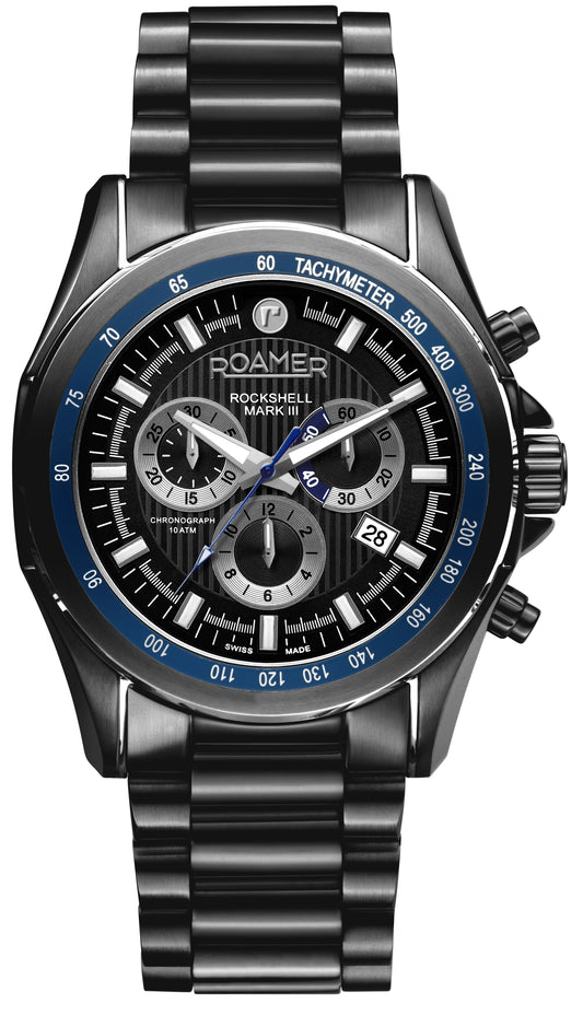 Roamer Rockshell Mark III Chrono Black Dial Blue Bezel Black IP Bracelet