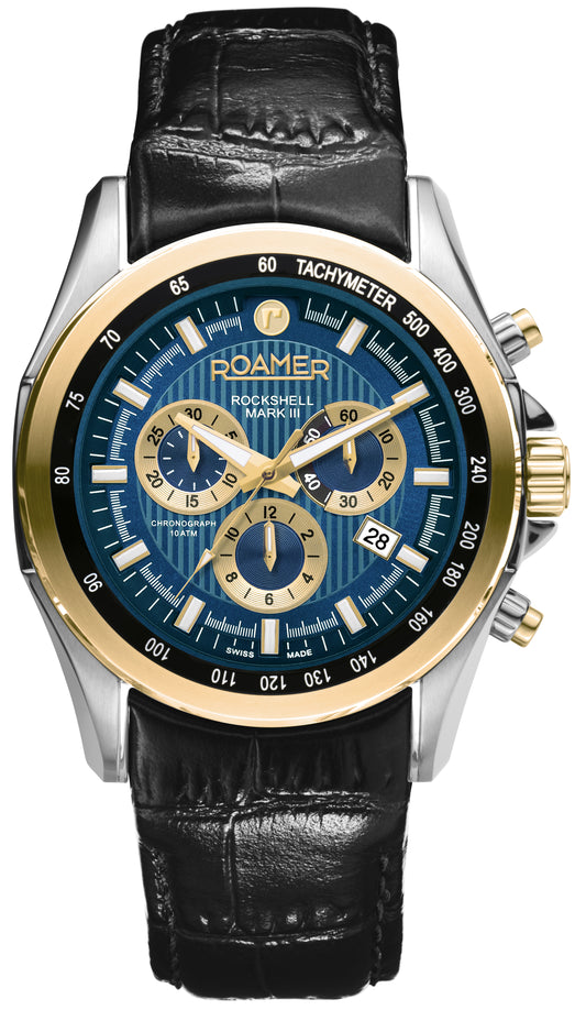 Roamer Rockshell Mark III Chrono Blue Dial Black Leather Strap with Gold Accents