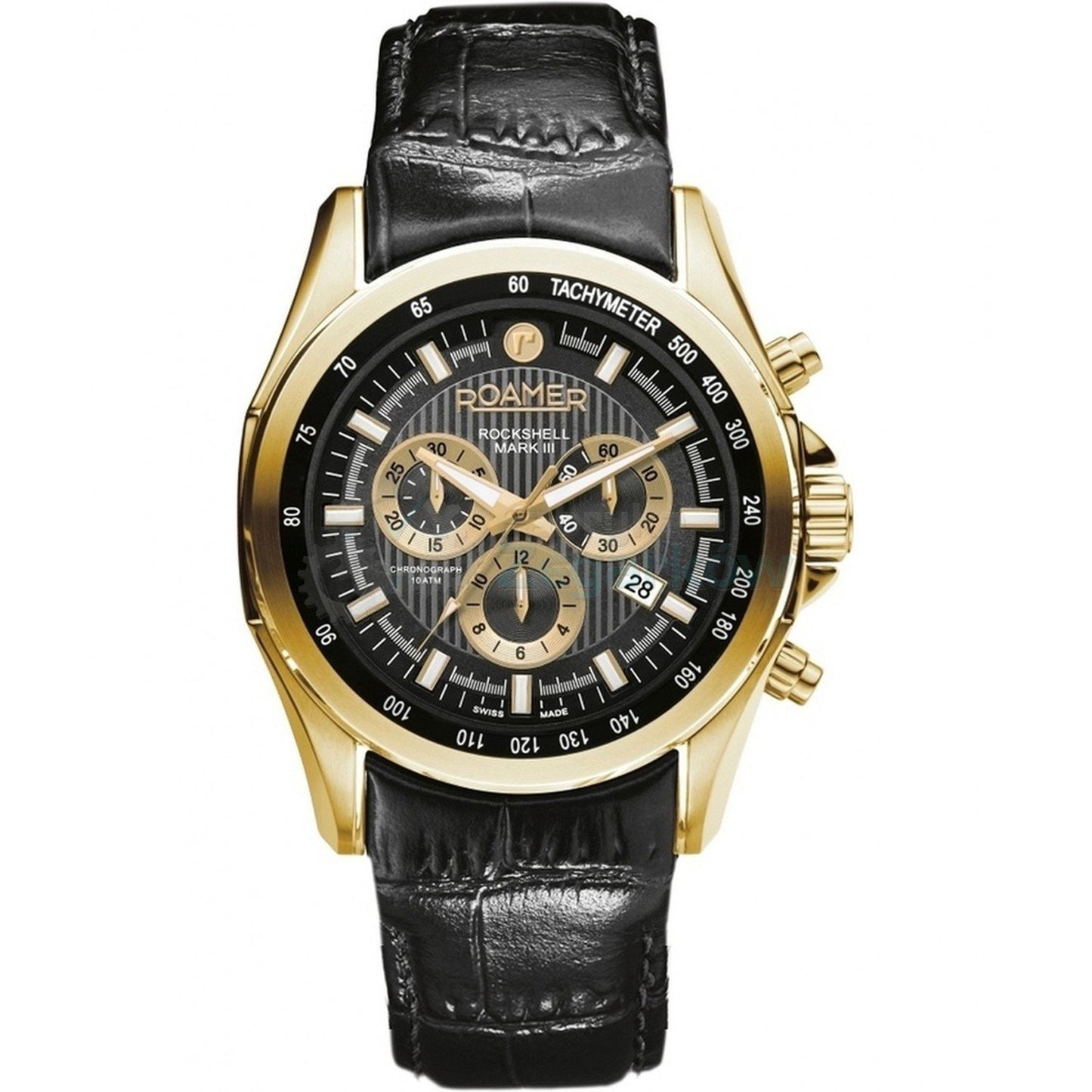 Roamer Rockshell Mark III Chrono Black Dial Black Leather Strap with Gold Accents