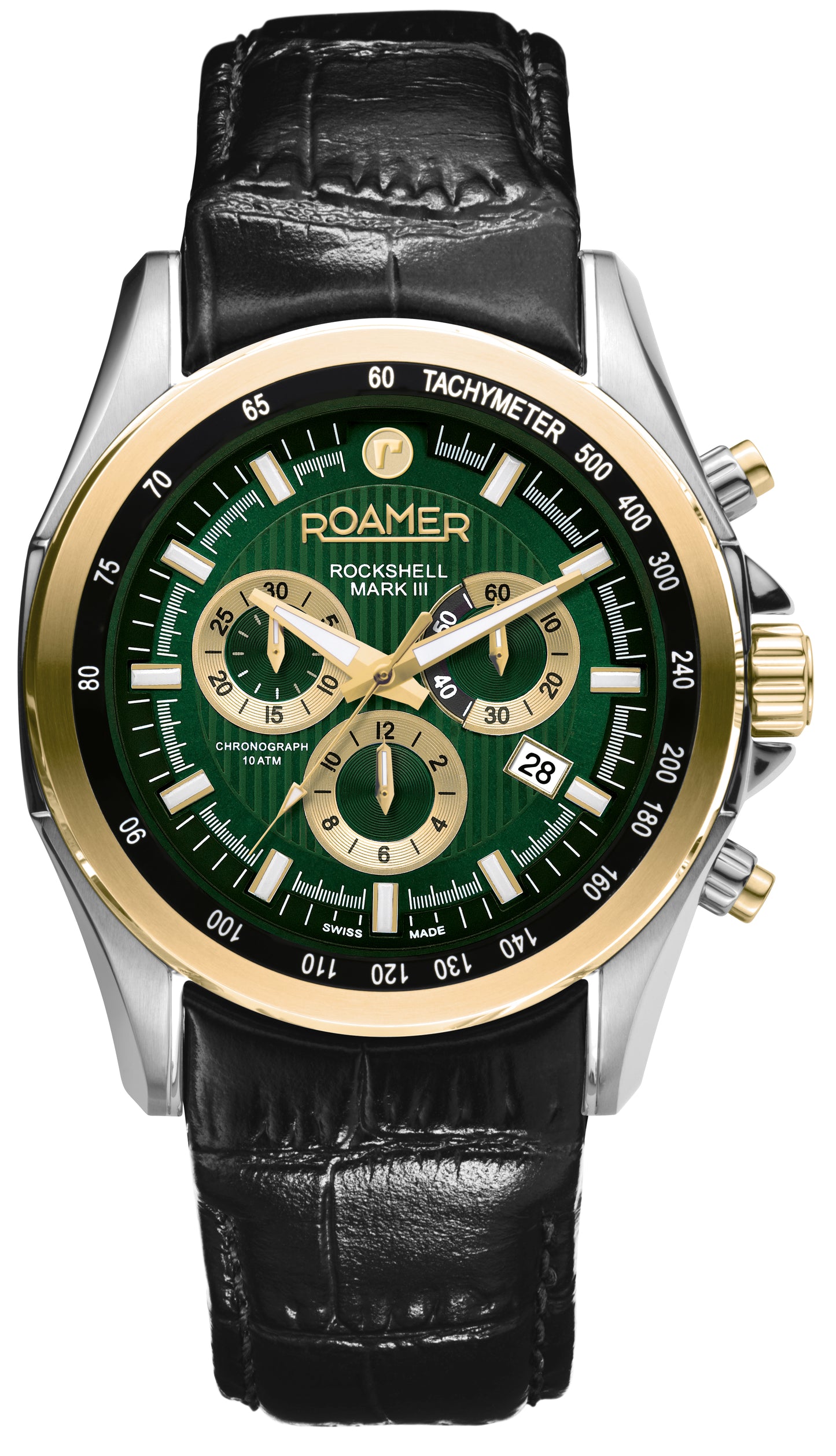 Roamer Rockshell Mark III Chrono Green Dial Black Leather Strap with Gold accents