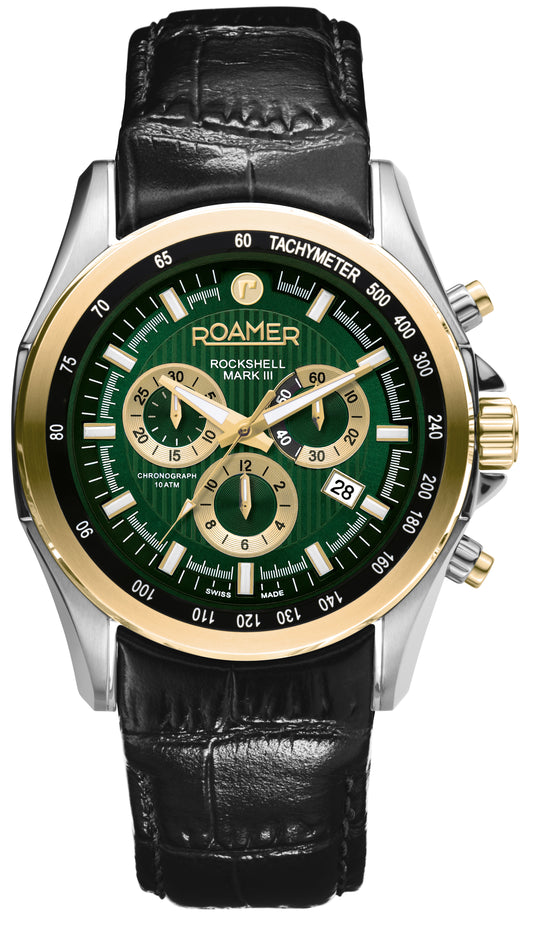 Roamer Rockshell Mark III Chrono Green Dial Black Leather Strap with Gold accents