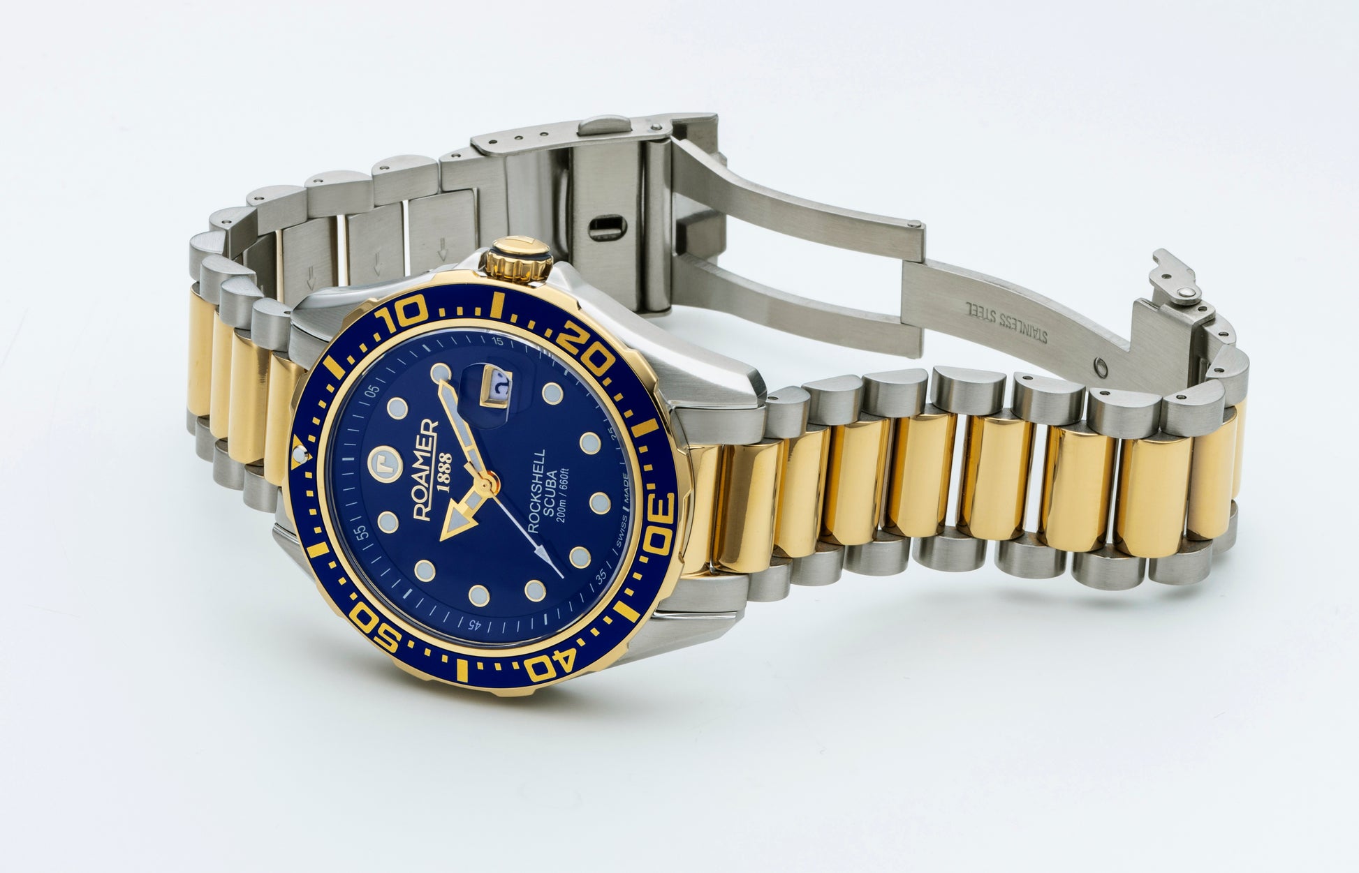 Roamer Rockshell Mark III Scuba Blue Dial Yellow Gold Bi-colour