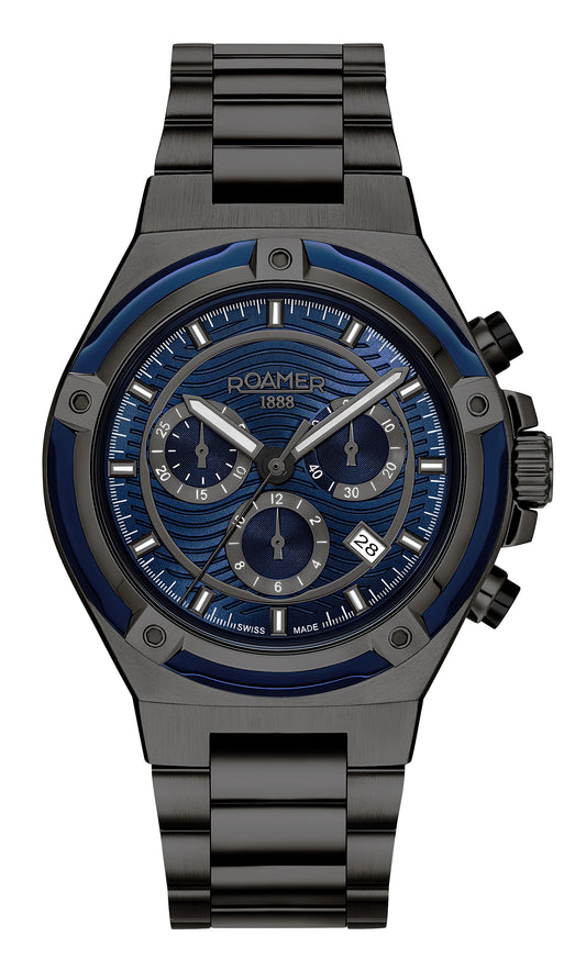 Roamer Tempo Master Chrono Blue Dial Black IP Steel Bracelet