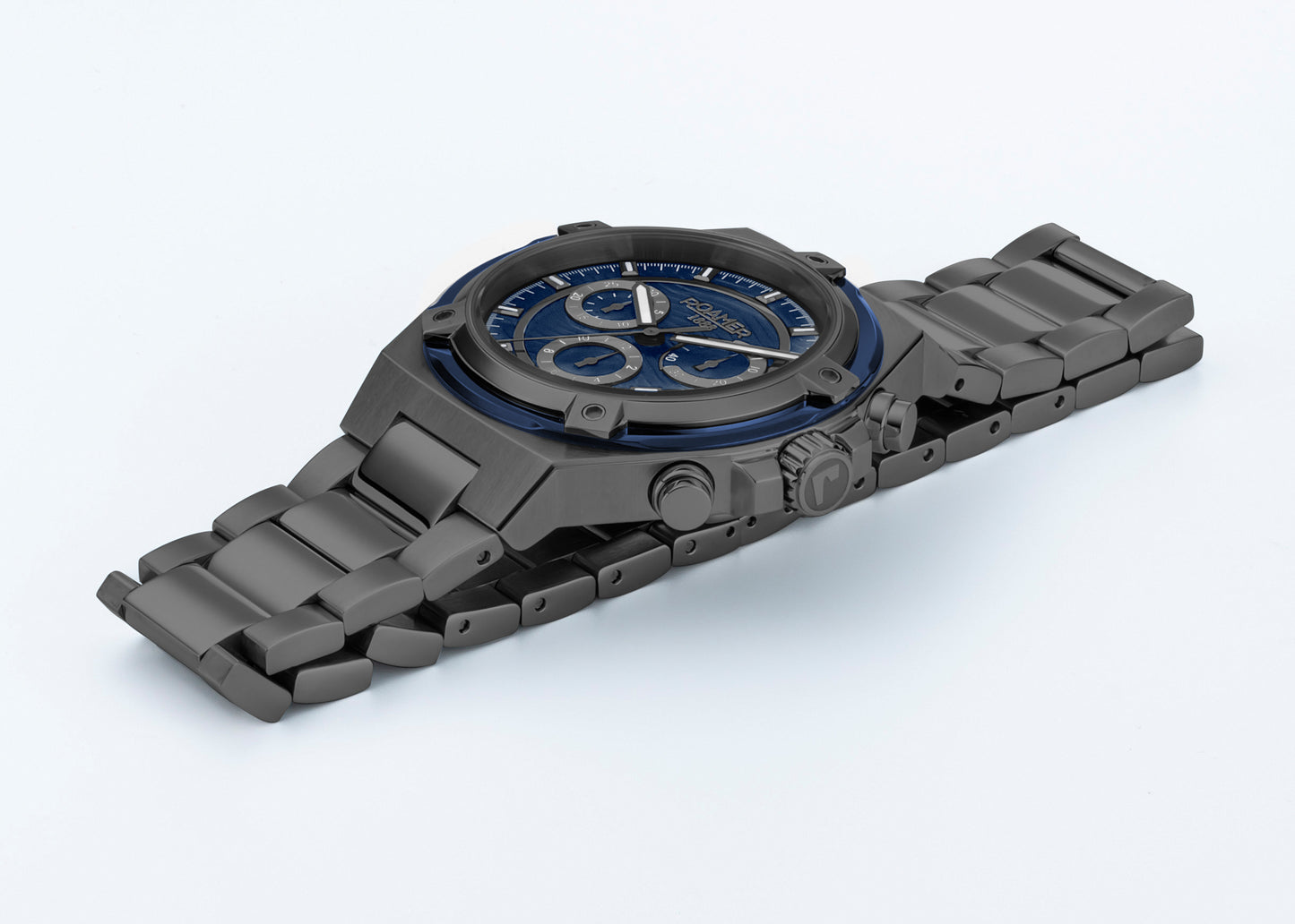 Roamer Tempo Master Chrono Blue Dial Black IP Steel Bracelet
