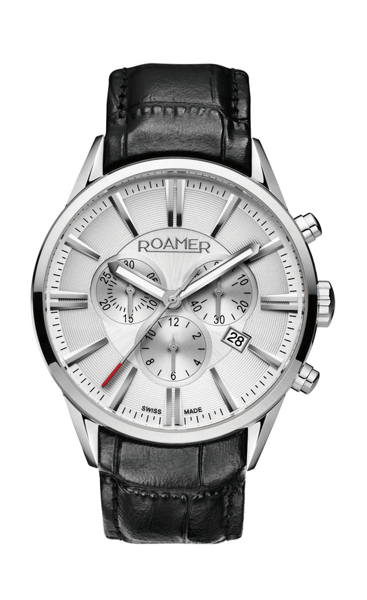 Roamer Superior Chrono Silver Dial Black Leather Strap