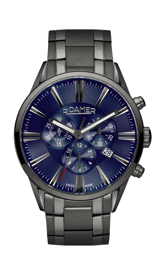 Roamer Superior Chrono Blue Dial Gun Grey IP Steel Bracelet