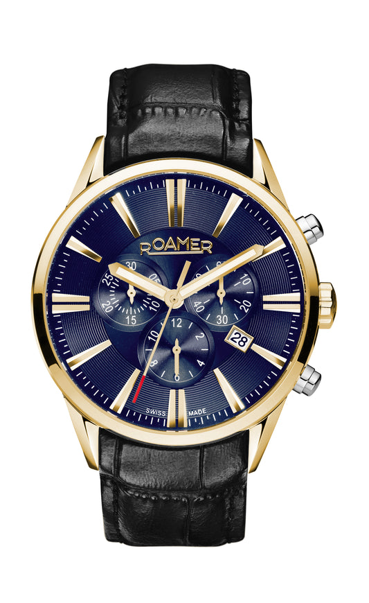 Roamer Superior Chrono Blue Dial Black Leather Strap with Gold Accents