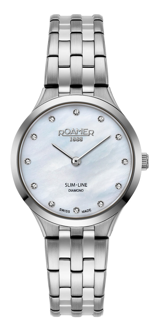 Roamer Slim-Line Classic Ladies Diamond, White MOP Dial Steel Bracelet