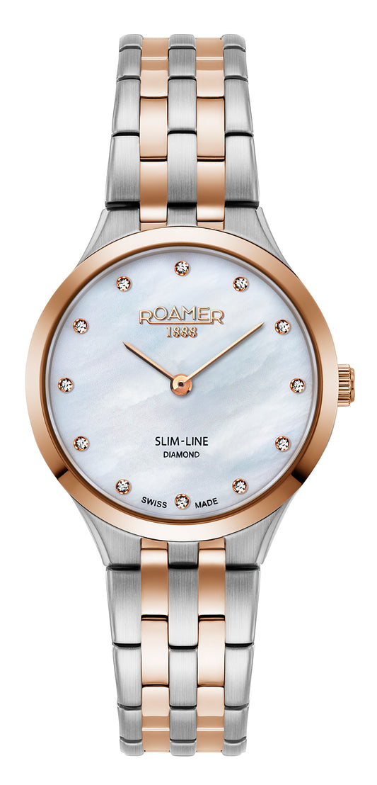 Roamer Slim-Line Classic Ladies Diamond, White MOP Dial Rosegold Bi-colour Bracelet