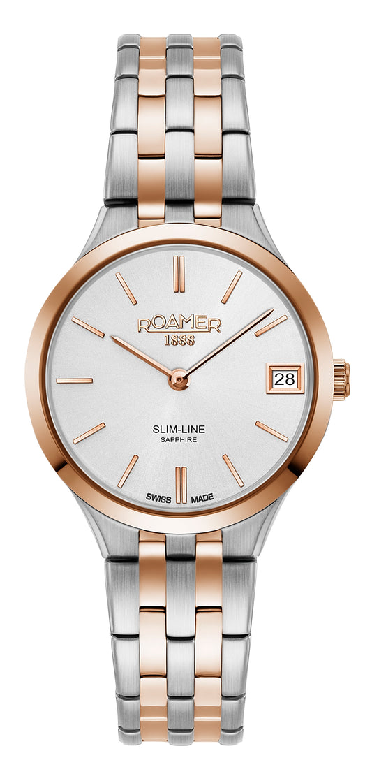 Roamer Slim-Line Classic Ladies, Silver Dial Rosegold Bi-colour Bracelet