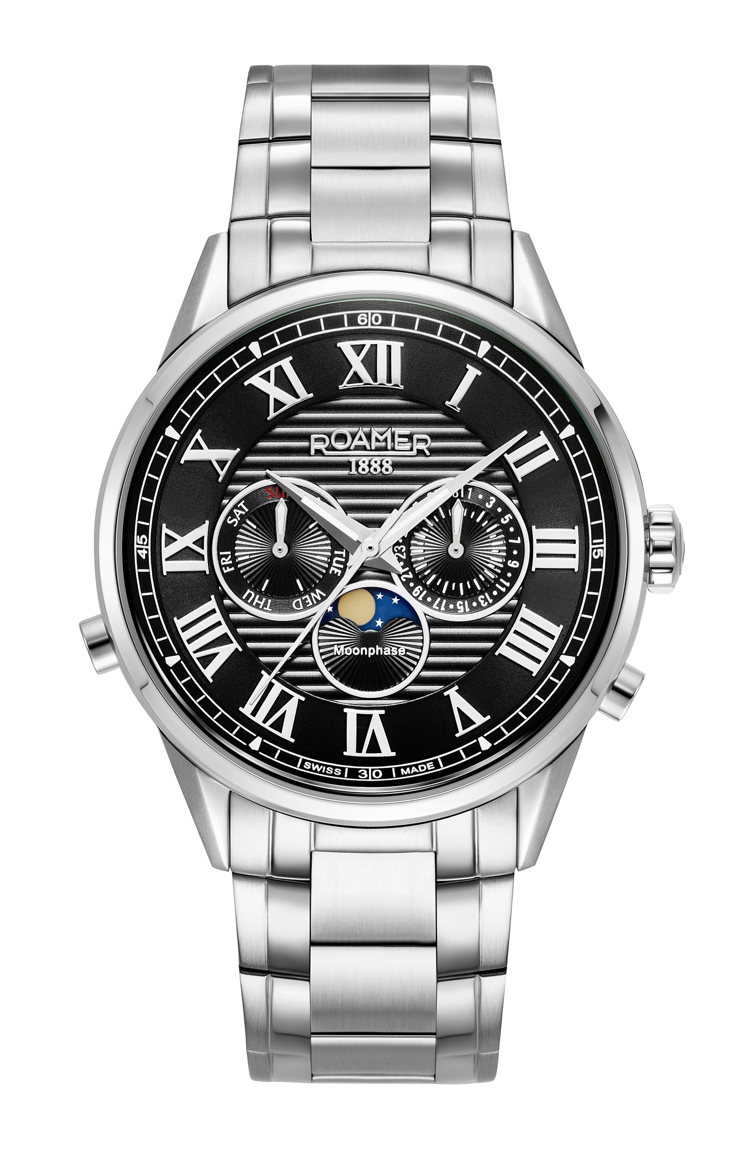 Roamer Superior Moonphase Black Dial Stainless Steel Bracelet