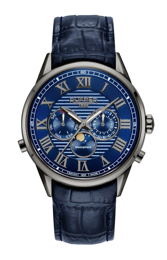 Roamer Superior Moonphase Blue Dial Blue Leather Strap with Gun IP Case