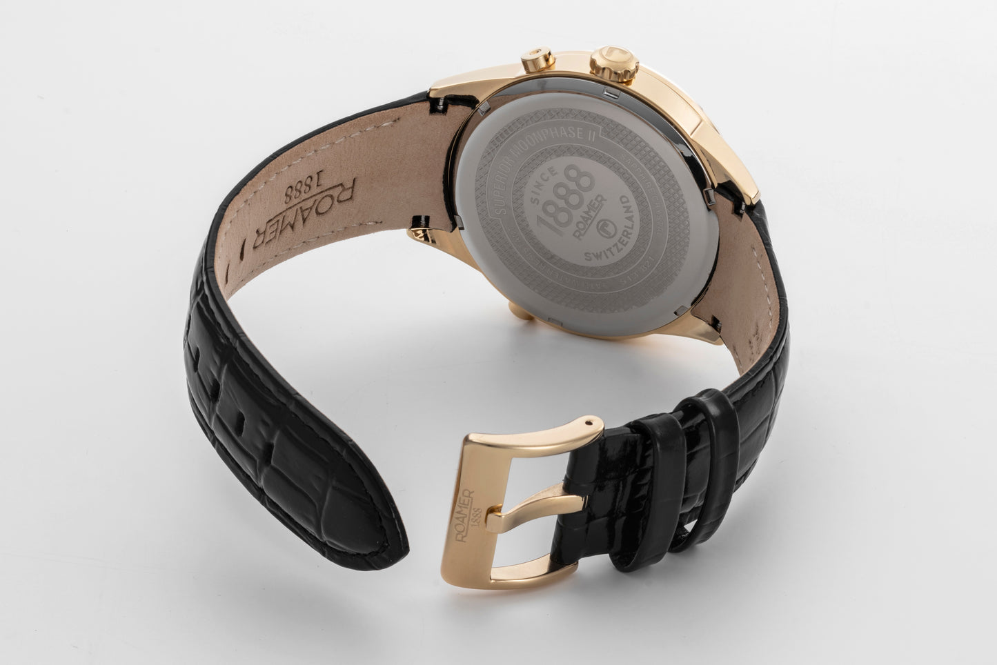 Roamer Superior Moonphase Black Dial Black Leather Strap with Gold Accents