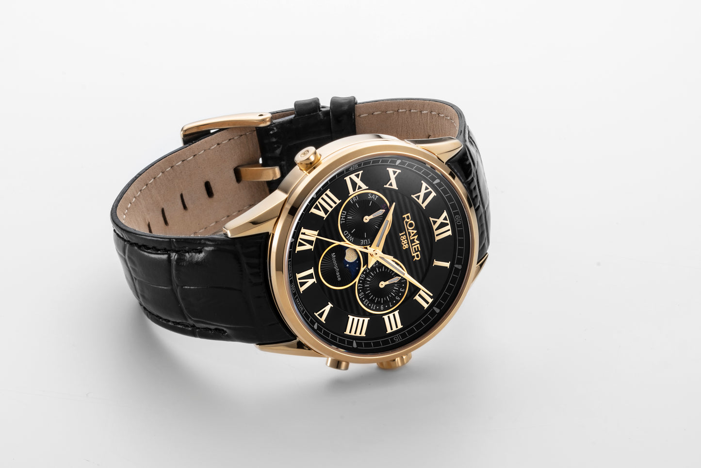 Roamer Superior Moonphase Black Dial Black Leather Strap with Gold Accents
