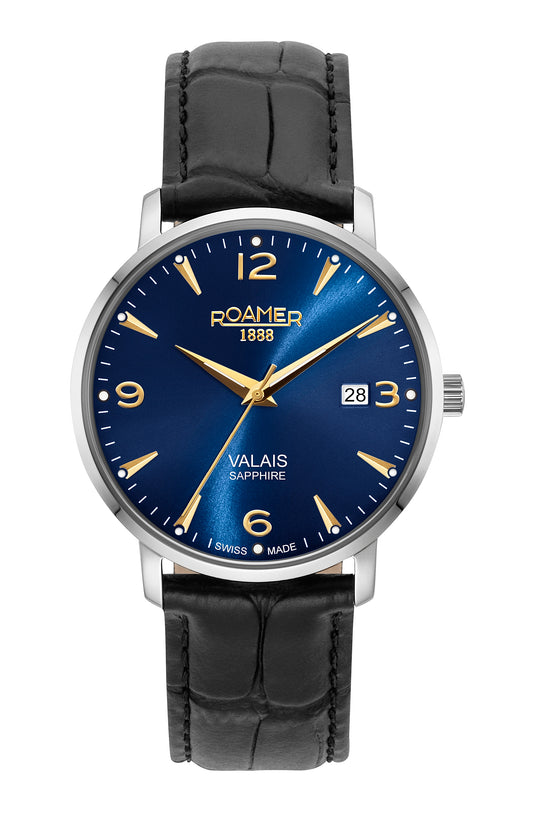 Roamer Valais Gents Blue Dial Black Leather Strap with Rosegold Batons