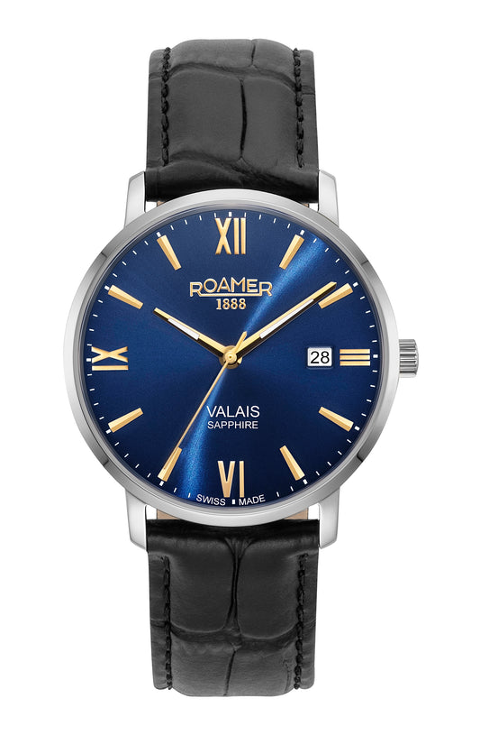Roamer Valais Gents Blue Dial Black Leather Strap with Yellow Gold Batons
